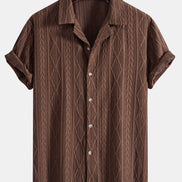 Geometric Jacquard Eyelet Cuban Shirt & Crinkle Textured Straight Leg Pants