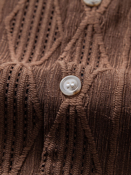 Geometric Jacquard Eyelet Cuban Shirt & Crinkle Textured Straight Leg Pants